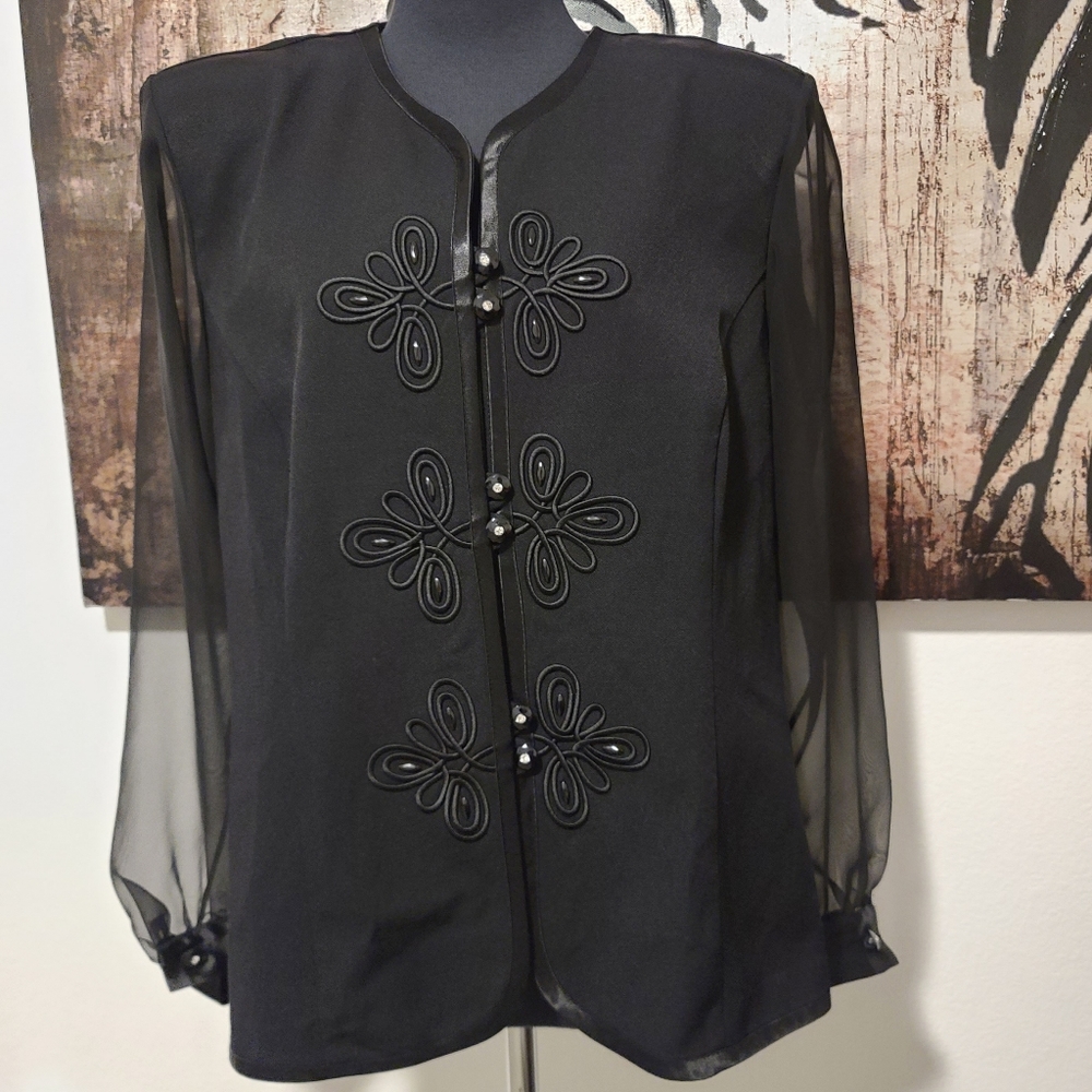 Vintage 80s blouse with embroidery  and sheer sleeves black R and m richards